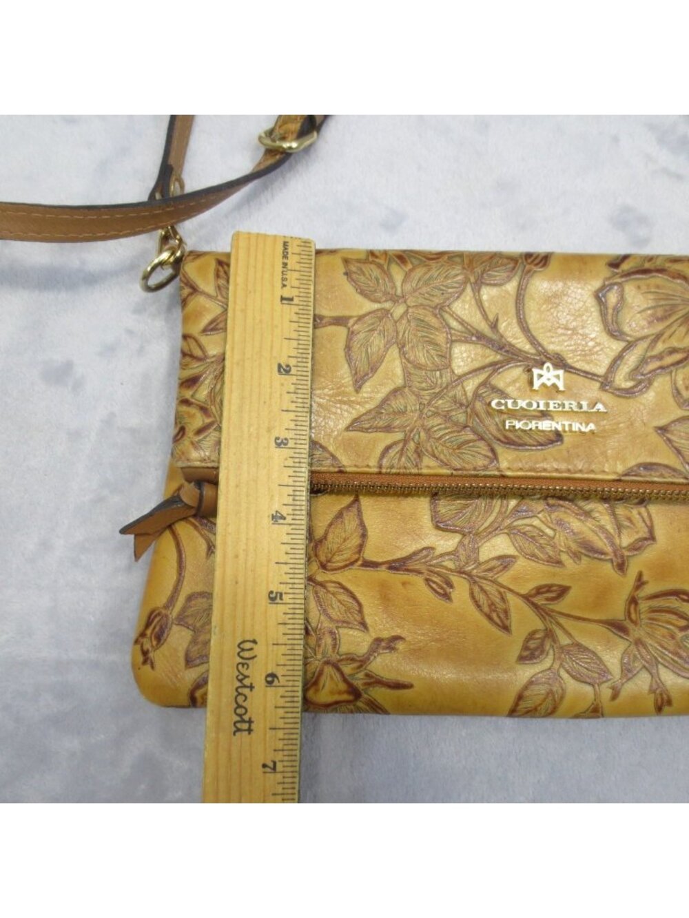 Cuoieria Fiorentina Genuine Tooled Leather Foldover Shoulder Bag Tan Flora Italy - Picture 13 of 16